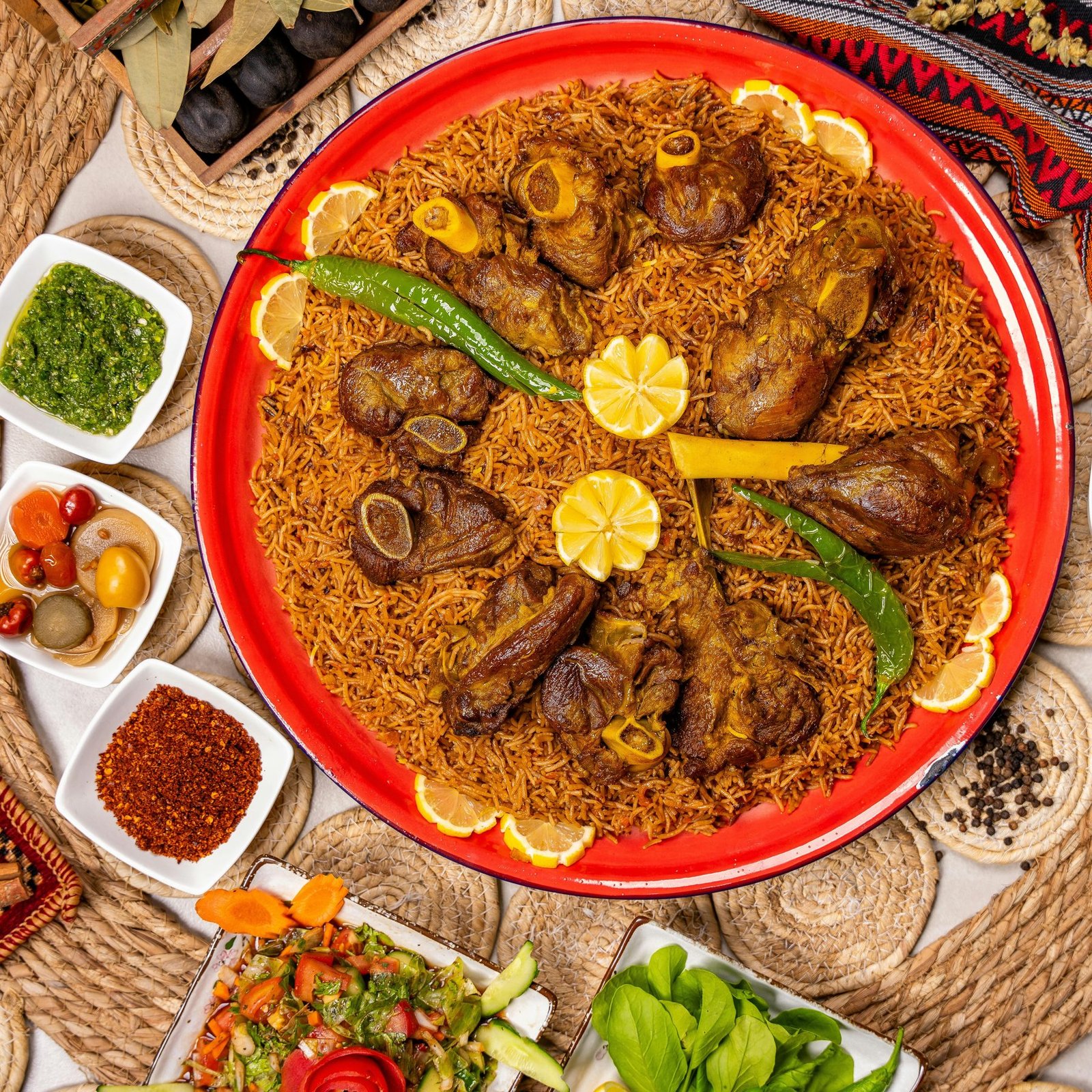 Al Zayt Mandi — fragrant rice slow-cooked beneath smoke-infused lamb, served on a traditional red platter with lemon and green chilli