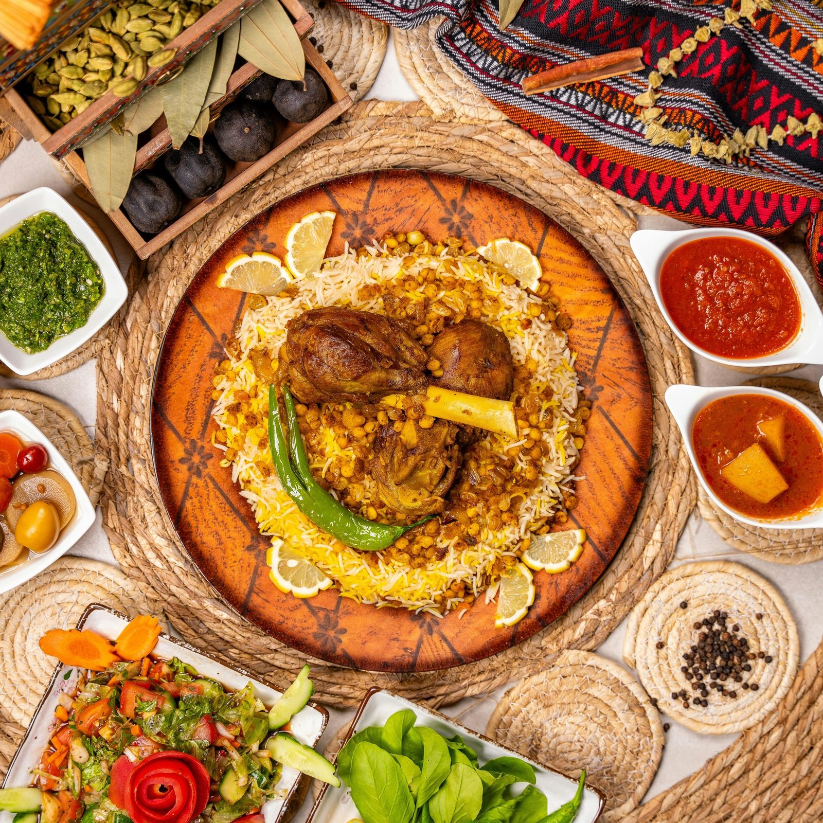 Madghoot — Yemeni rice with lentils, raisins, and slow-cooked lamb shank, served with chimichurri, tomato sauce, and pickles