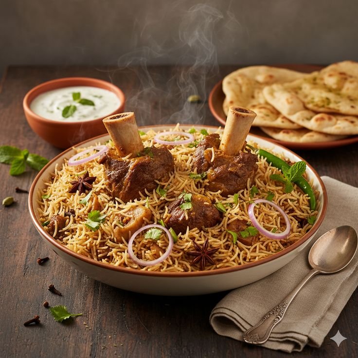 Beef Nalli Pulao authentic Pakistani bone-in biryani with raita and fresh naan at Zafran Mashawi Ilford