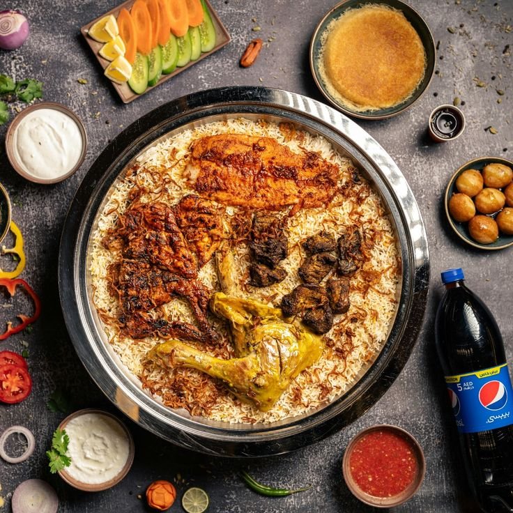 Chicken and beef Mandi rice platter with pickles, salad and karak chai, authentic Arabian cuisine in Ilford London