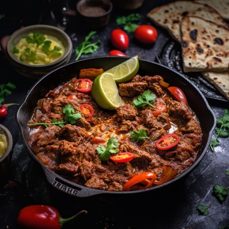 Spicy Beef Karahi authentic Pakistani curry in cast iron pan with fresh chillies and coriander at Zafran Mashawi Ilford