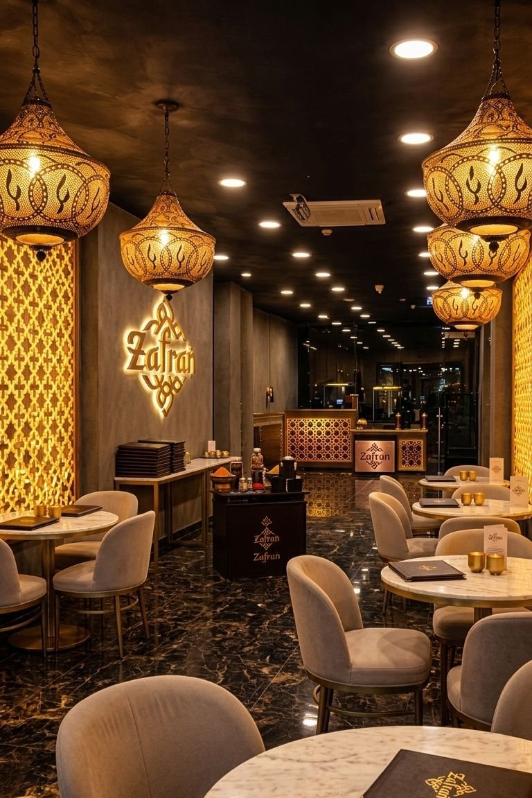 Zafran Mashawi luxury restaurant interior with handcrafted brass lanterns and marble tables in Ilford, London